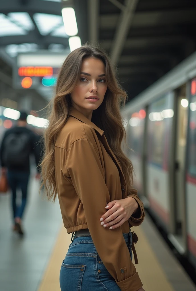 Cute beautiful brunette, Wear urban clothes,Full body,  Perfect Angle, (on the subway, subway), Very detailed, 32years old, Frivolous face, messy long hair, Brown eyes, hight resolution, masutepiece, Best Quality,Intricate details, Highly detailed,Sharp Focus, Detailed skin,Realistic skin texture,Texture, Detailed eyes, Professional, 4K, Smile, shot in Canon, 85 mm,Shallow depth of field,Kodak Vision Color,  eyeshadows, Extremely detailed, Photo_\(Ultras\), Photorealistic, Realistic, Post-processing, Max Detail, Roughness, Real life, A hyper-realistic, Photorealism, Photography, 8K UHD, Photography, ​masterpiece, top-quality, hightquality, hight resolution、