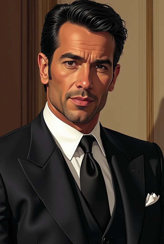 Alejandro Sosa, one of the protagonists of Scarface, sipping a beer, with a cigar in his mouth. in realistic cartoon style