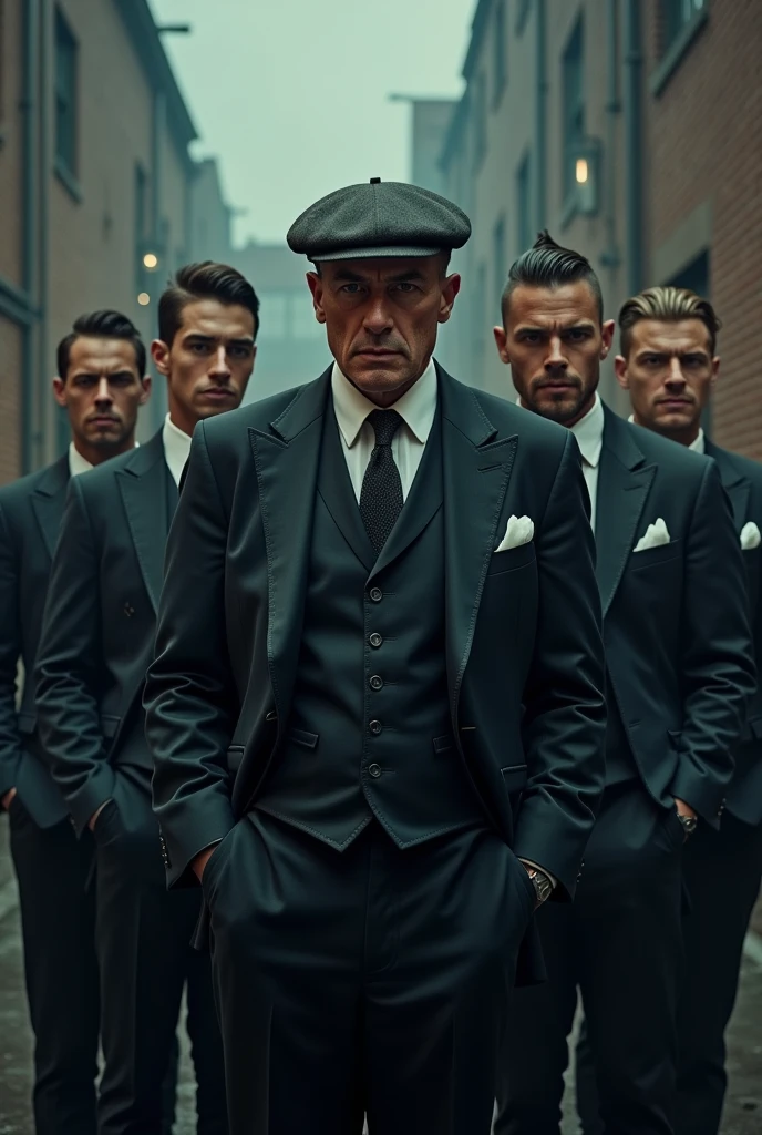 The Arsenal players dressed as peaky blinder characters,walking in group,holding guns,smoking, detailed background ,UHD,ultra realism