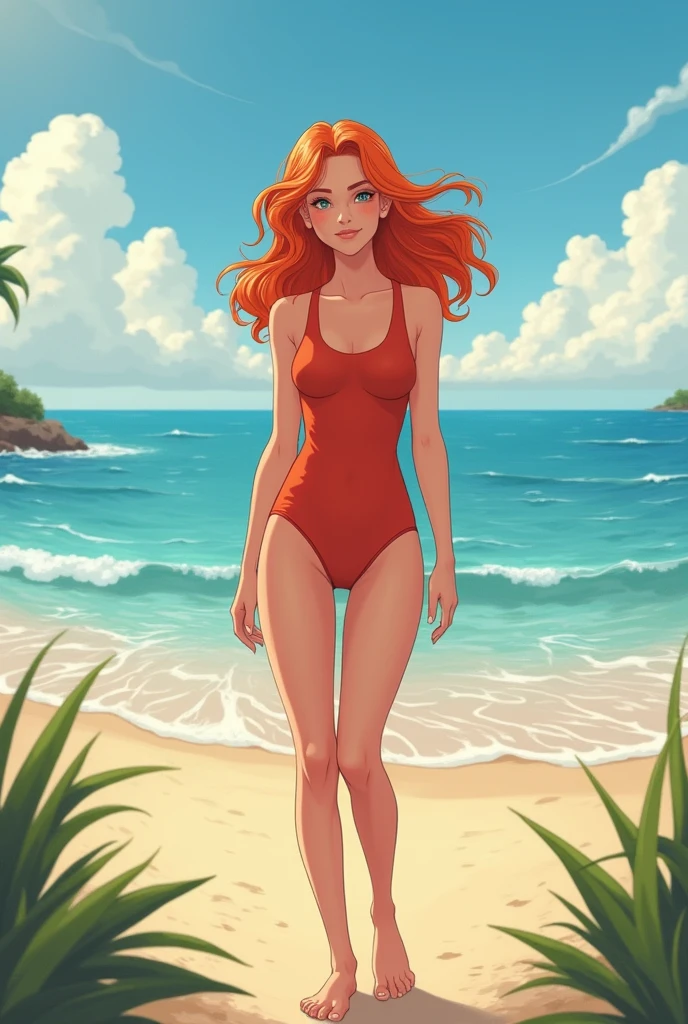 Soft Pastel Style,  1lady, solo, uppqr body, mini bikini, (darkskin:1.15), beach, (red hair, longhair), round earrings,<lora:Pastel_Style:0.8>