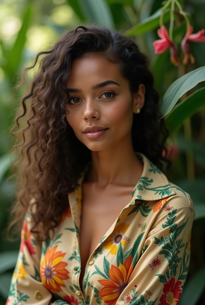 A Brazilian woman in a lush tropical garden, wearing an open shirt with a floral print, with a close-up capturing the harmonious beauty between her breasts and the natural flowers, showing off your natural charm and outgoing personality.