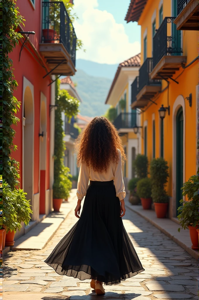 (photorealism:1.2), beautiful giant woman, sitting on a city ,wearing emerald green satin pants, long curly hair, outdoors, soft lighting, city in background, ,sunlight,small city, back view realistic, intricate details, warm colors, by Greg Rutkowski, by Alphonse Mucha