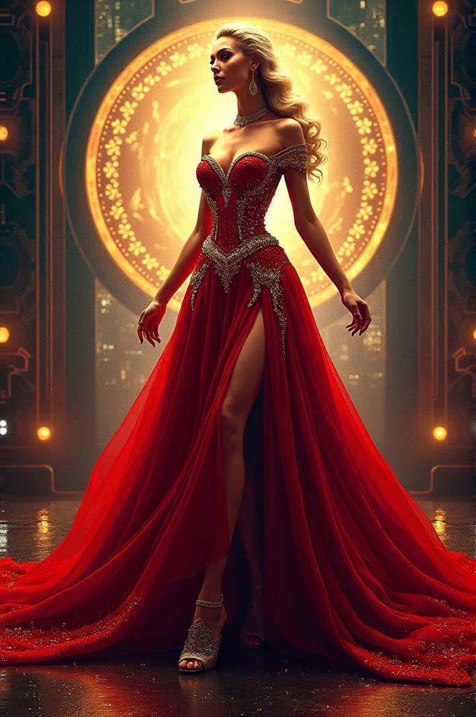 A full-body portrait of Lady Selene Ashford, one of Lady Seraphina d’Aurelis' most trusted ladies-in-waiting. Selene is depicted in a seductive yet tasteful gown that accentuates her beauty and allure. The gown is luxurious, with rich fabrics in shades of red and gold, tailored to emphasize her figure while maintaining elegance. Her golden hair flows in soft waves around her shoulders, and her sapphire-blue eyes sparkle with a blend of charm and subtle danger. Selene stands with a confident, flirtatious posture, exuding both grace and power. The background is softly lit, perhaps an opulent chamber with rich drapes and faint candlelight, reflecting her role as the seductive manipulator within Seraphina’s inner circle. The art style is realistic, capturing the intricate details of her attire and the magnetic allure of Lady Selene Ashford.