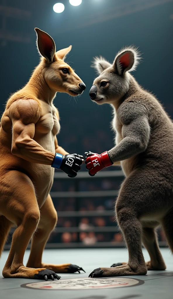 painting of two kangaroos with boxing gloves on their hands, boxing match, in a fighting stance, fight, fighting, subject: kangaroo, subject : kangaroo, fights, fighters, close-up fight, intense fighting, posing for a fight intricate, kangaroos, getting ready to fight, in a fighting pose, fighting each other, boxing, by Roy Dalgarno
