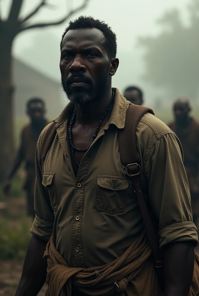 a black man with horns, 3 eyes, deformed teeth, rotten skin, (best quality,4k,8k,highres,masterpiece:1.2),ultra-detailed,(realistic,photorealistic,photo-realistic:1.37),horror,dark fantasy,surreal,twisted,gritty,chiaroscuro lighting,moody atmosphere,eerie,gothic,abandoned town,desolate landscape,cracked earth,dead trees,overcast sky,dynamic lighting