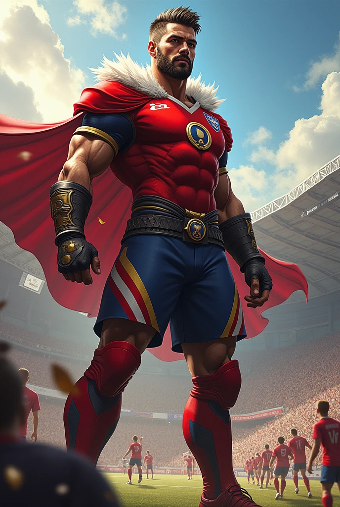 Make an illustration of a generic superhero who has a shield. This Hero wears the colors of Esporte Clube Bahia and in the middle of his shield there is the team&#39;s shield. The hero must be leading a large number of fans.
