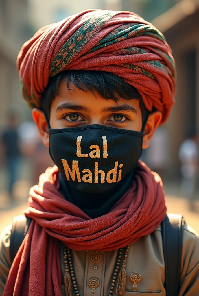 Red cloth in head cover the eye a boy.backround is bangladesi flag theme