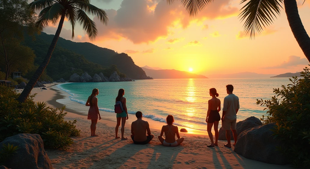 a lot of people dressed only in swim suits, looking on smartphones on beach, water, sitting, standing or laying, color, children, adults, man, woman, future times, child with smartphone in front of picture, sunny day, clouds, real photo