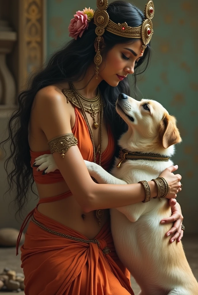 Indian princess show stomach long legs wear jewellers dress type bikini with dogs