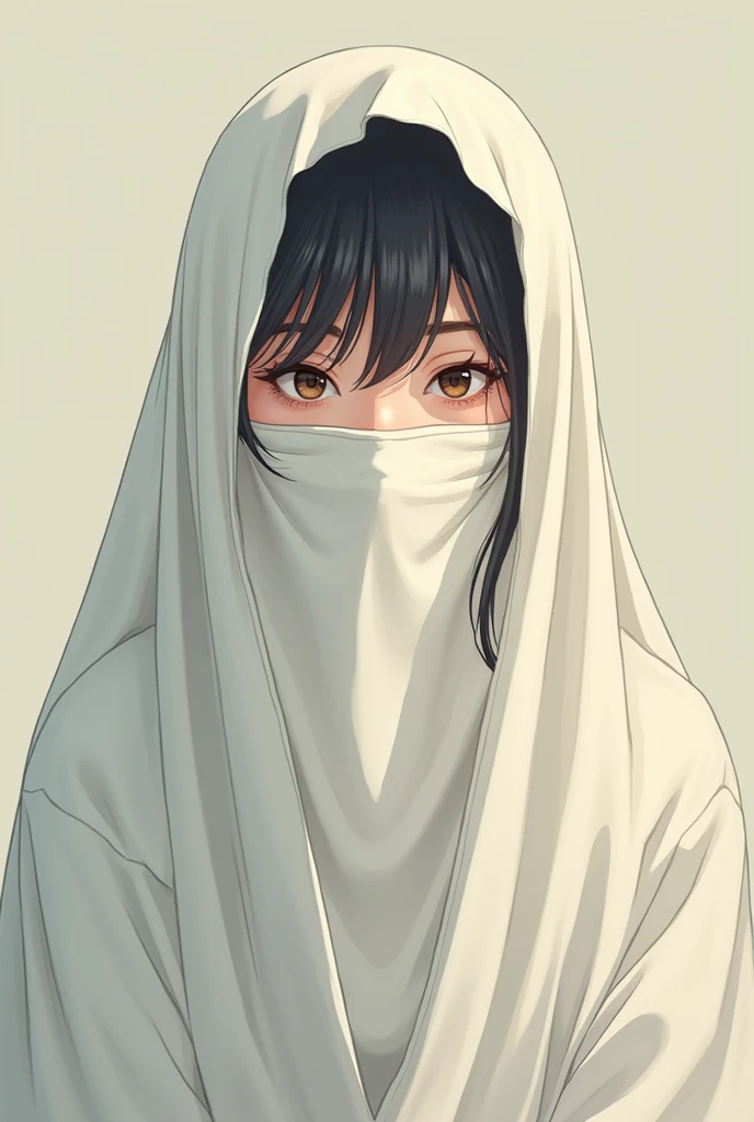 Muslim girl wearing long, wide, Modest black dress, She covers her face with a veil, Her eyes are dark blue, 
