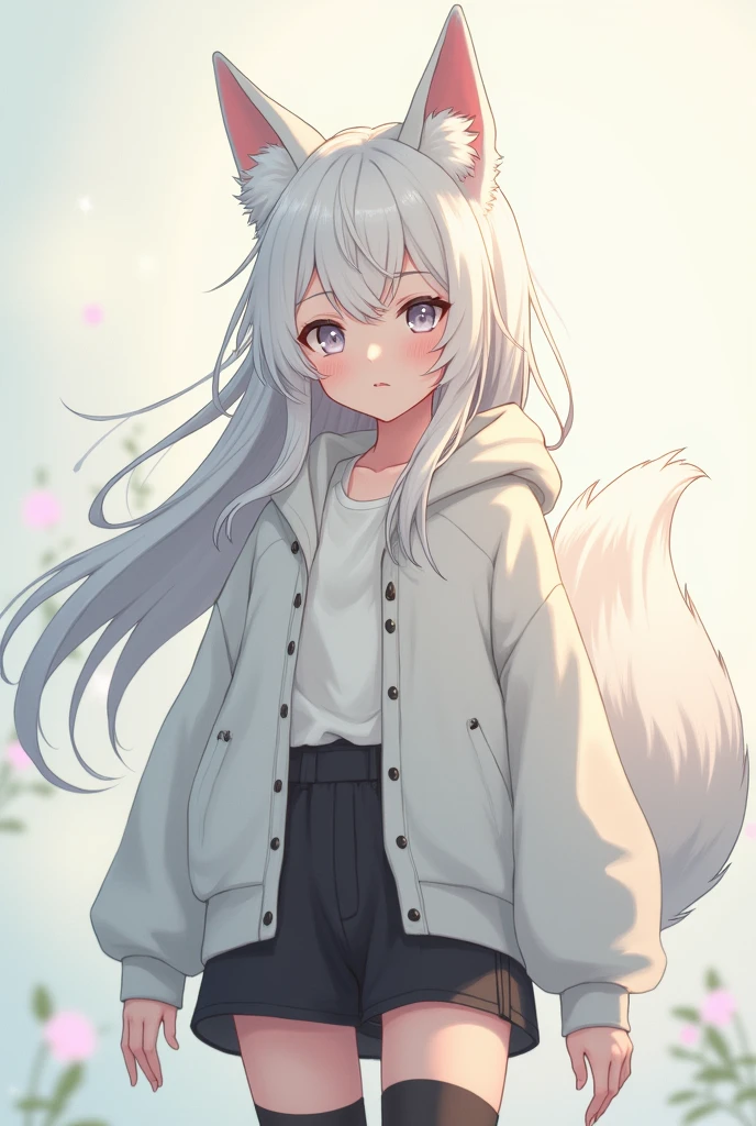 Anime white fox ears wearing a white oversized jacket with black short pants and black long sock