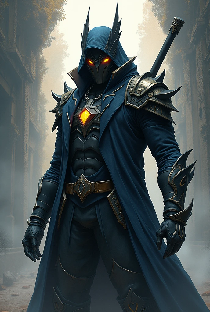 The man sniper spy Void, white hair with a ponytail, a cool samurai wolf mask, red eyes, a black assassin soldier uniform with wolf claws.