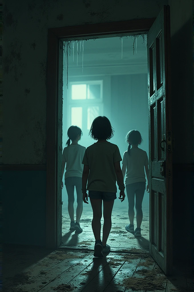 Make a realistic image of a girl in a basement looking towards the stairs. There is a coat rack simulating a human figure that she can see with the flashlight. The atmosphere is terrifying.