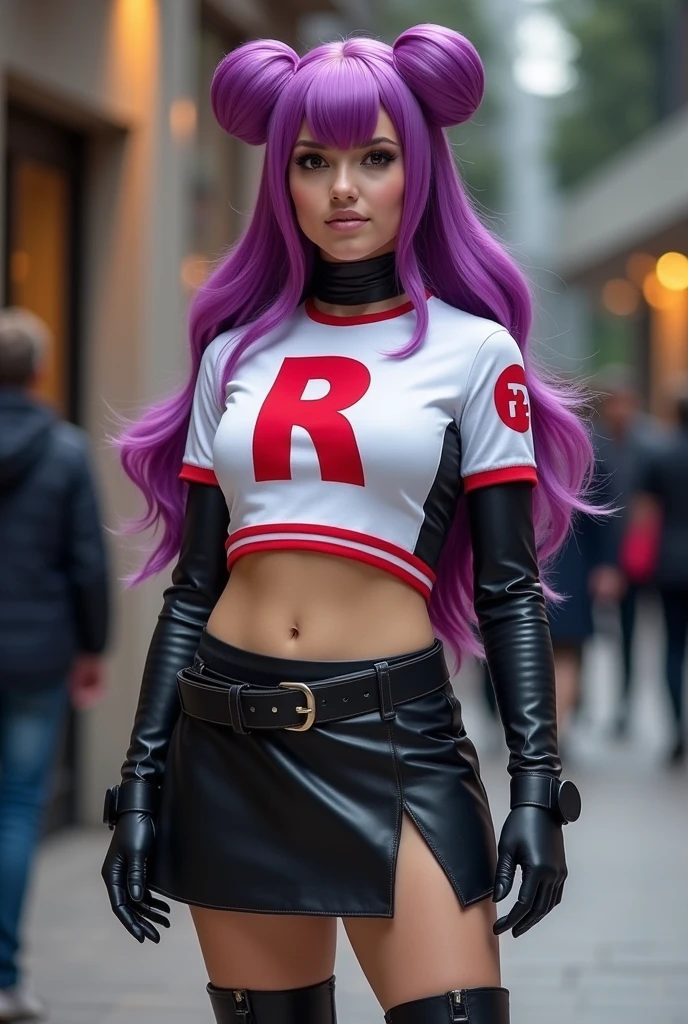 RAW photo of jessie pokemon,hair slicked back, long hair,purple hair,blue eyes, team rocket ,team rocket uniform ,white skirt,crop top,thighhighs,elbow gloves, (high detailed skin:1.2), 8k uhd, dslr, soft lighting, high quality, film grain, Fujifilm XT3 , <lora:jessie v2 by goofy ai:1>
