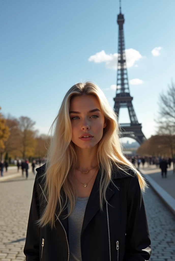 Yellow hair in a long ponytail and green eyes girl sitting on a rooftop wearing a black sweatshirt and dark blue jeans with Paris in the background looking at the tower sunset scene