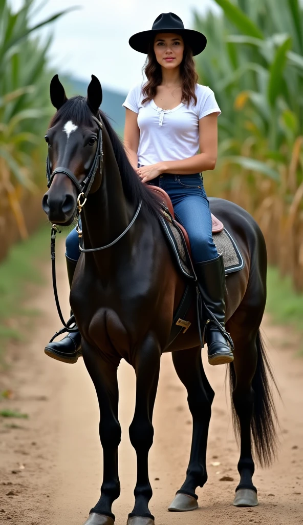 Her name is Hana , high quality , (( mulher de 27 years old de pele branca em forma, defined body )), ((27 years old)),(( fingernails done , red nail polish) (( medium breasts)), (( taking a picture on a corn plantation in a farm)), brown hair tied . pose: on top of a big black horse , on the road, on the side of a corn plantation , clothes: dark blue jeans, white top shirt , boots black wellies , black hat(( dirt road with a corn field on the side,with trees around , a sunny day, few clouds ), experience : taking a picture at a farm , farm,4K, (( full body photo angle , Slightly blurred background )) (( Real Person )) Realistic Details