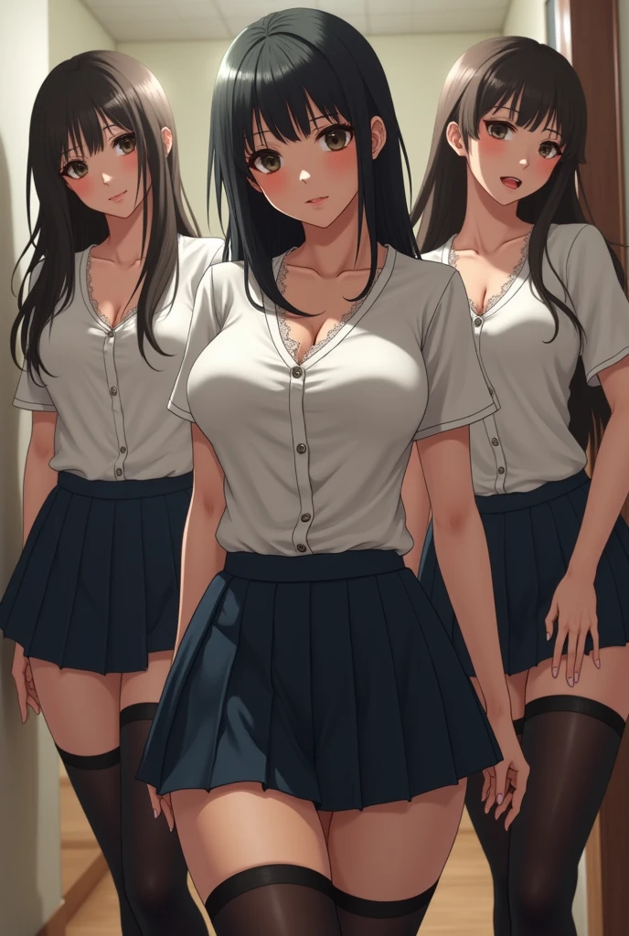 Trio of girls standing side by side facing backwards、Long Black Hair、Colossal tits、cleavage of the breast、tits out、Park at night、a miniskirt、thighs thighs thighs thighs、Navy blue pleated skirt so that you can see your panties、Short sleeve shirt、s ass、T back、Sexy lingerie