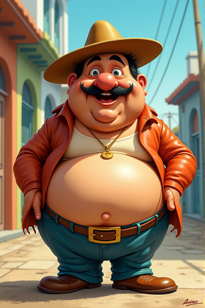 A very small, fat, northeastern dwarf with a cowboy hat, a red button-down shirt open showing his belly, and a gold chain with a small, patchy mustache.