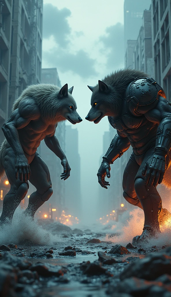extremely detailed, detailed face, detailed eyes, detailed muscle, (view full body), ((1man)), (object (big muscular old man (furry wolf) standing with face up looking sad expression behind the building)), the old man is soldier and wearing soldier uniform, old man (big muscular, big muscle, bodybuilder, facial hair, beaded, white beard, battel scar face, short hair, white hair, strong character, strong muscle), (background ((heavy rain, fog, overcast sky, gray clouds, waster land, post-apocalypse, ruined city))), (photography (50mm lens, cinematic, cinematic color)) giant