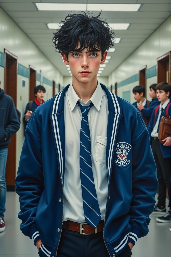 young man in his school uniform and behind him a science laboratory with science objects