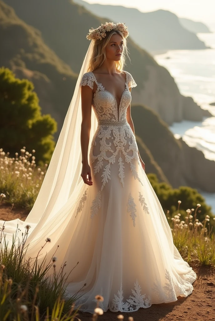 Masterpiece, (((full figure))) entire body in frame, (((magical lighting action shot))) (((beautiful slight smile anorexic pale goddess irrish woman standing on rocks overlooking high camera angle))), (((lace intricate wedding dress))) , (((short redhead hair))) sunset lighting, golden hour, golden colors, very detailed, dramatic lighting, digital art trending on Artstation 8k HD high definition detailed realistic, detailed, skin texture, hyper detailed, realistic skin texture, armature, best quality, ultra high res, (photorealistic:1.4), high resolution, detailed, raw photo, sharp re, by lee jeffries nikon d850 film stock photograph 4 kodak portra 400 camera f1.6 lens rich colors hyper realistic lifelike texture dramatic lighting unrealengine trending on artstation cinestill 800, (((accurate female anatomy)))