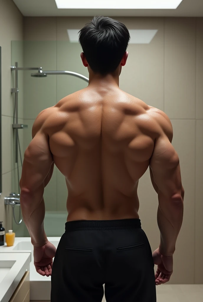 ((Best quality at best, 8K, tmasterpiece: 1.3)), full color photography, gentleman, Eyes, (詳細な目), gentle face, Qingyuan lighting, softlighting, Youn, super masculine, Beautiful boy, Korean star, K-pop idol, Brown hair, boxer shorts, Permanent, Strengthen the body, choker necklace, luxury hotel, showers Room, showers, Wet with, splash, Hair Wet with, dynamicposerom behind shot)