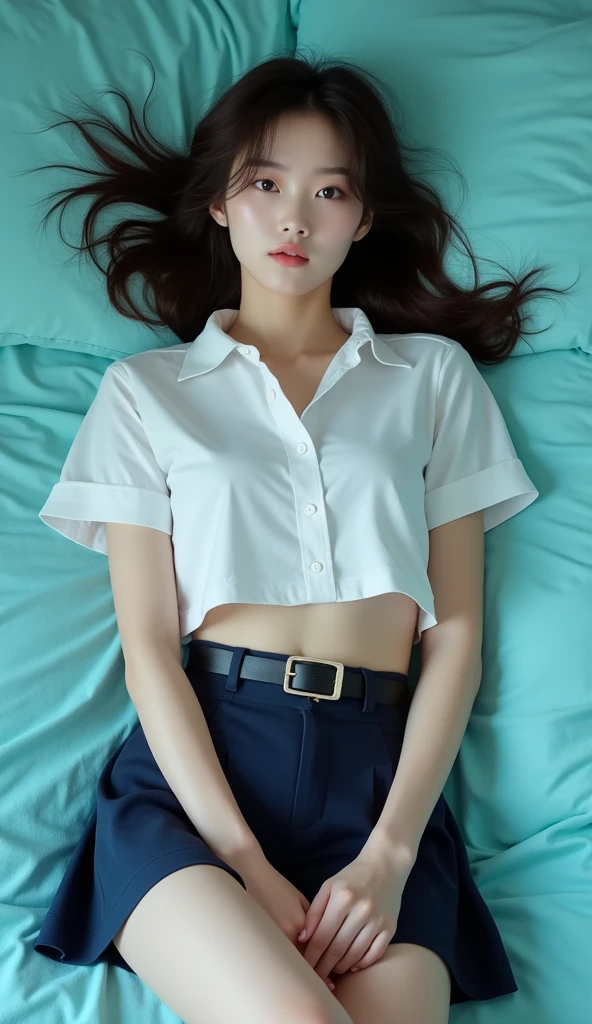 HD, high resolution, masterpiece, 8k,Very detailed CG, High quality shadows, Detail Beautiful delicate face, Detail Beautiful delicate eyes, depth of fields, Ray tracing, Women over 24 years old, Pretty Kpop Girl, Korean Urzan Face:1.1, Slender face, ulzzang -6500-v1.1:0.6, pureerosface_v1, Glossy lips, perfect body, Wearing a uniform, Very very cute face, clothed in white tight fitting shirt, wearing a very short black business style tight fitting skirt, (flipped skirt to see white panties:1.2), (torn skirt:1.1), smooth translucent white skin, young and cute girl, (Sleeping:1.2), ((Sleep)), (eyes closed), ((unconsciousness:1.3)), (((Both arms are placed at the sides of the body:2), (drops of semen on hair:1.6), (semen on forehead:1.7), (a drop of semen on left cheek:1.6), (many drops of semen on her thighs:1.2), (large drop of semen on hip:2), legs are a bit split,