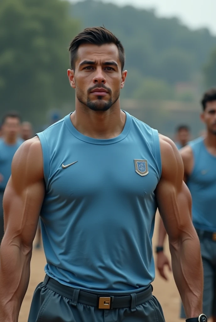 Shirtless Thai soccer player wearing blue soccer shorts with flames and knee high soccer socks squatting 