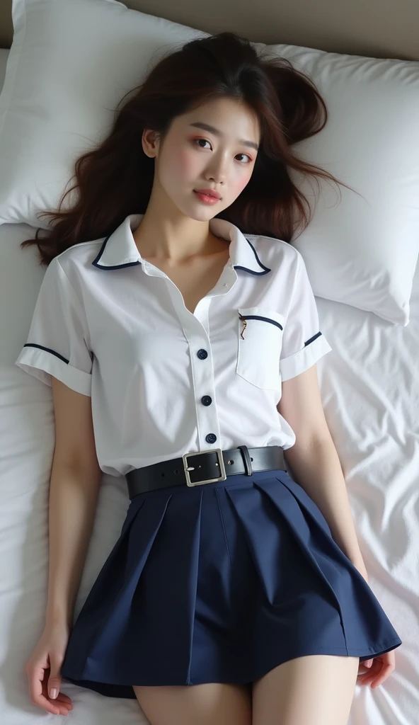 FULL BODYSHOT:1.4)、(Hands on knees:1.2)、(Sitting:1.2)、(slender:1.2)、(small tits:1.2)(masutepiece, Best Quality:1.2), 8K, student, 85 mm, Official art, Raw photo, absurderes,(Sadness face:1.3), close up, Upper body, violaceaess, gardeniass, Beautiful Girl, School uniform, (Navy pleated skirt:1.2), (Sitting on a bed in a dark room:1.4), Looking at Viewer, No makeup, Skinny Fingers, Film grain, chromatic abberation, Sharp Focus, face lights, clear lighting, Teentailed face, Bokeh background