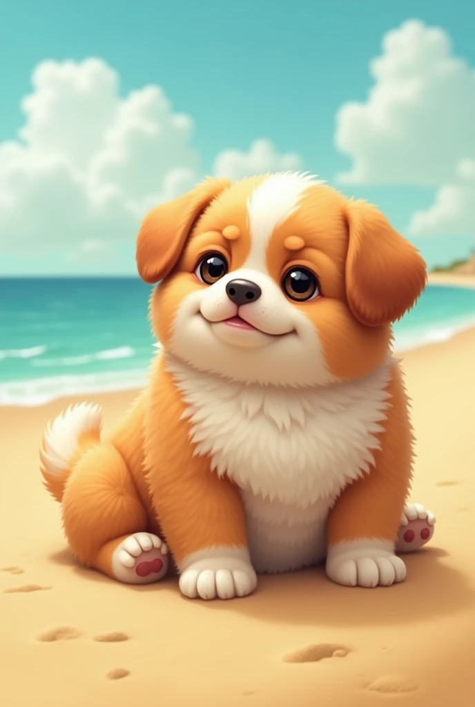 A white furry puppy with orange spots, She has fluffy hair and summer beach clothes