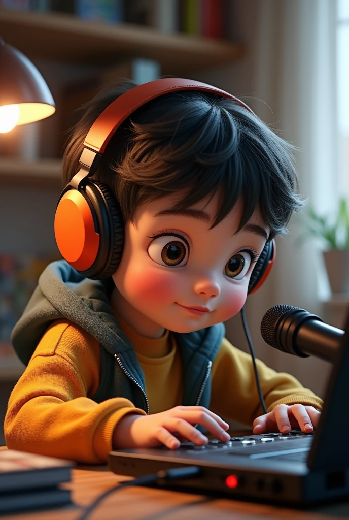 A chubby boy doing his exercises on the computer at the Mix Institute. He is wearing his navy blue Francisco Zilli school uniform., is , has a silver chain and white headphones. Just pretend to work, because he is not learning anything and is just talking.

photo realist