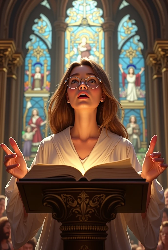 A Brazilian woman, law student, with short hair with blonde highlights and blue eyes, studying at the desk with Jesus and Mary by her side