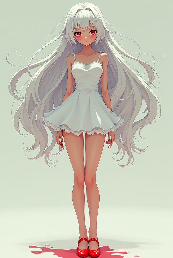 The image is Ghibli style, of a young woman of 2, who is albino and has long hair and red eyes. 

She has a dress and strong legs. 
His face looks smiling. 

In the background of the image there is a wall that says in graffiti: New Moon Village. 