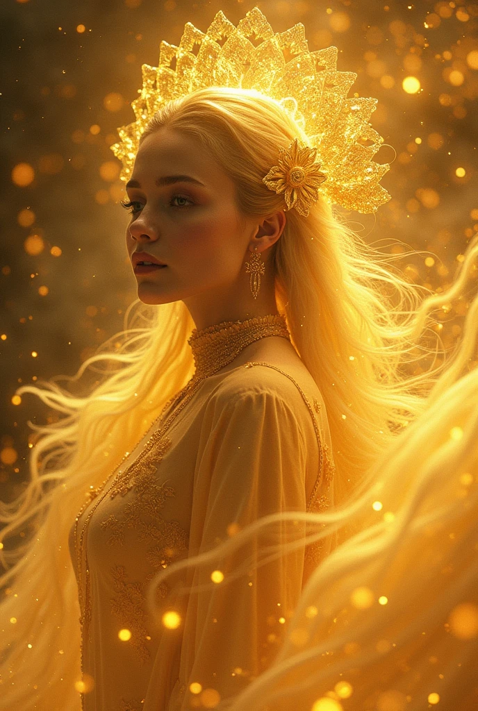 in a surreal way, Wonderful world, Our stunning woman with extra long wavy blonde hair has eyes that seem to hold the secrets of the universe.. She is among islands floating in the sky., Your hair falls like a golden waterfall.. ,Sitting on a golden throne,The atmosphere is otherworldly., With a sense of wonder and wonder. This prompt is executed in a highly detailed digital art style., Mixing realism with fantasy elements., Using a wide angle lens (24 mm.) To capture the grandeur of the scene,