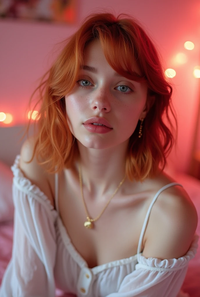 A young lady aged 16 yrs, with long red hair, wavy hair, with air bangs, tied up in a bun. She is in a bedroom, laying on her back, in the bed. She is wearing a red onesie. She has an hourglass figure. She is wearing gold earrings. Looking directly into the camera. She has fair skin, freckles, and braces, constricted pupils, parted lips, large breasts, perfect lips, big lips, perfect nose, cute face, baby face, Hyperrealism, cinematic lighting, jpeg artifacts, full body photo, bokeh, textured skin, UHD, best quality, masterpiece, high details