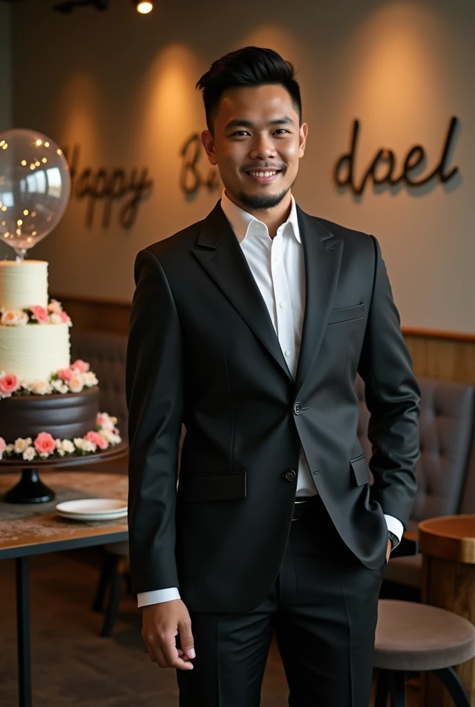  professional photography featuring an adult Indonesian man,  dressed in a black suit is posing in a charming pose , terdapat kue ulng tahun besar dan tinggi diatas table, There is a Doel inscription on the background of the cafe, Happy Birthday greeting , there is a chair , table. And a full body clear photo balloon 