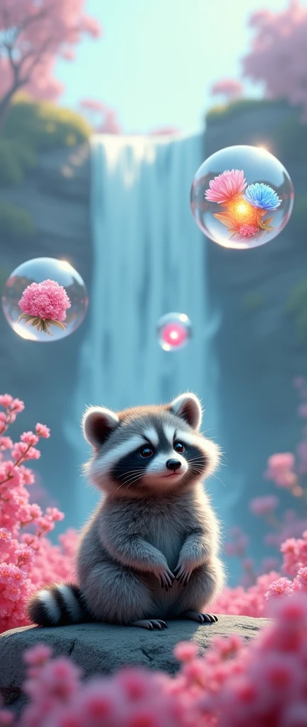 A photo of a fluffy  raccoon sitting on a rocky surface surrounded by vibrant pink foliage. Above the raccoon, there are three transparent bubbles. The closest bubble holds a bouquet of pink flowers, the middle one displays a cluster of blue flowers, and the furthest one contains a shimmering, multi-colored orb. The background is a dreamy landscape with cascading waterfalls, a serene blue sky, and floating bubbles.