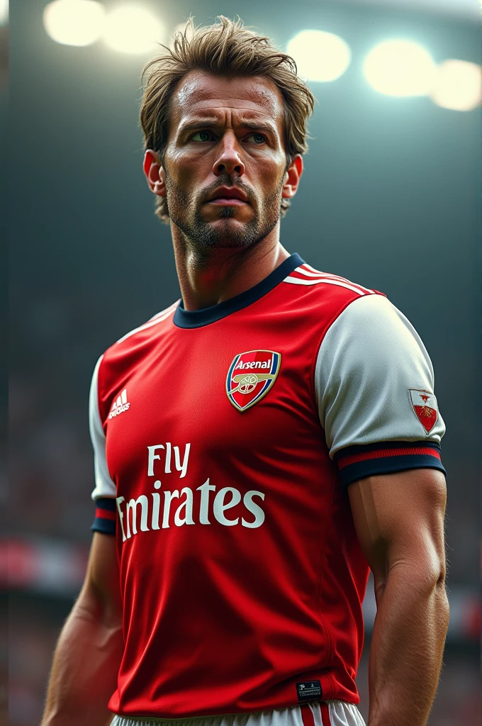 Generate a photo of Messi wearing the Arsenal shirt