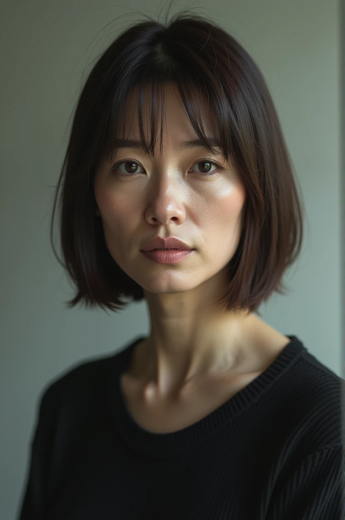 pale plain background,japanese mature, 25 years old, Beautiful woman, alone, Close your mouth and look straight ahead with a serious expression, (((stand upright, facing the center of the screen.))), Sweater for tank top, skirt, High resolution, High level image quality, high detail, rough skin, anatomically correct, sharp, cowboy shot