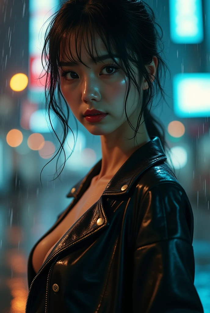 hot naughty girls, Umbrella in the rain, Snapshot style, aesthetic, onii kei, Captivating gaze style, yosuke ueno, Pictorial drama, snapshot, aesthetic, Rei Kamoi, Douglas Smith, Dark gray and light blue, strong facial expression,Photo shooting,Realism。cyberpunk, night view