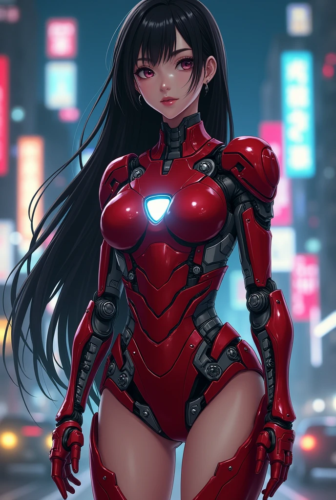 a beautiful black detailed iron man cosplay girl, 1 girl, extremely detailed face and eyes, long hair, big breasts, white skin, red spider symbol in costume, 8k, best quality, high resolution, masterpiece , realistic, photo-realistic, studio lighting, vivid colors, hyper detailed