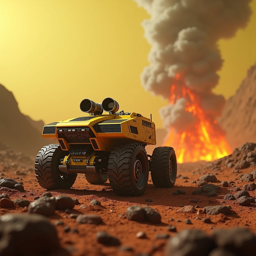  A photograph of volcanic activity on the planet Venus , basaltic lava emissions , traces of frozen lava ,(( photorealism ,UHD, 16k render,HDR color, photorealistic )),Nasa ,  an unusual robotic crawler explorer moves across Venus(planet venus, yellow-green atmosphere ,volcanoes,erosion , basalts , frozen lava , real NASA images ,volcanoes на венере снимает небольшой  роботизированнный исследовательский аппарат , that rides across the surface of Venus , realistic Venus atmosphere ,volcanoes на венере, oromic active volcano on Venus ,