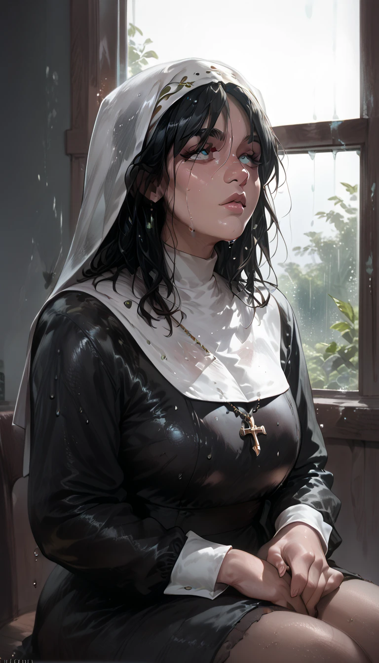  Billie Eilish looking at a window that is raining  , She has her finger in the window ,  has a serene look seeing the raindrops on the window,  short black hair,  Nun's clothing, sitting,