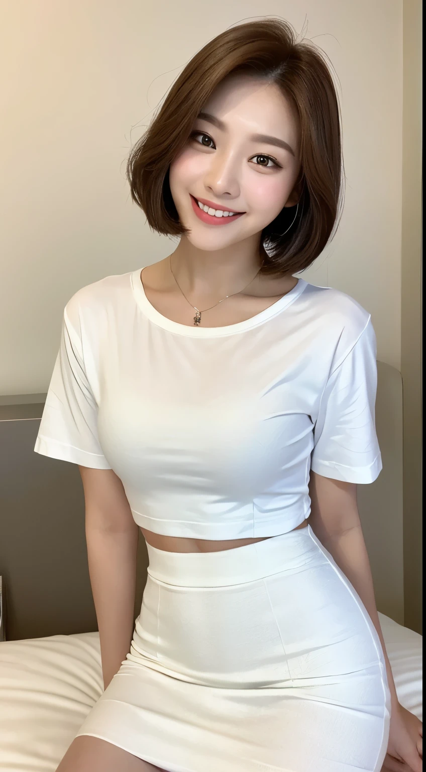 White tight shirt、White tight mini skirt、a bed、a smile、shortsleeves