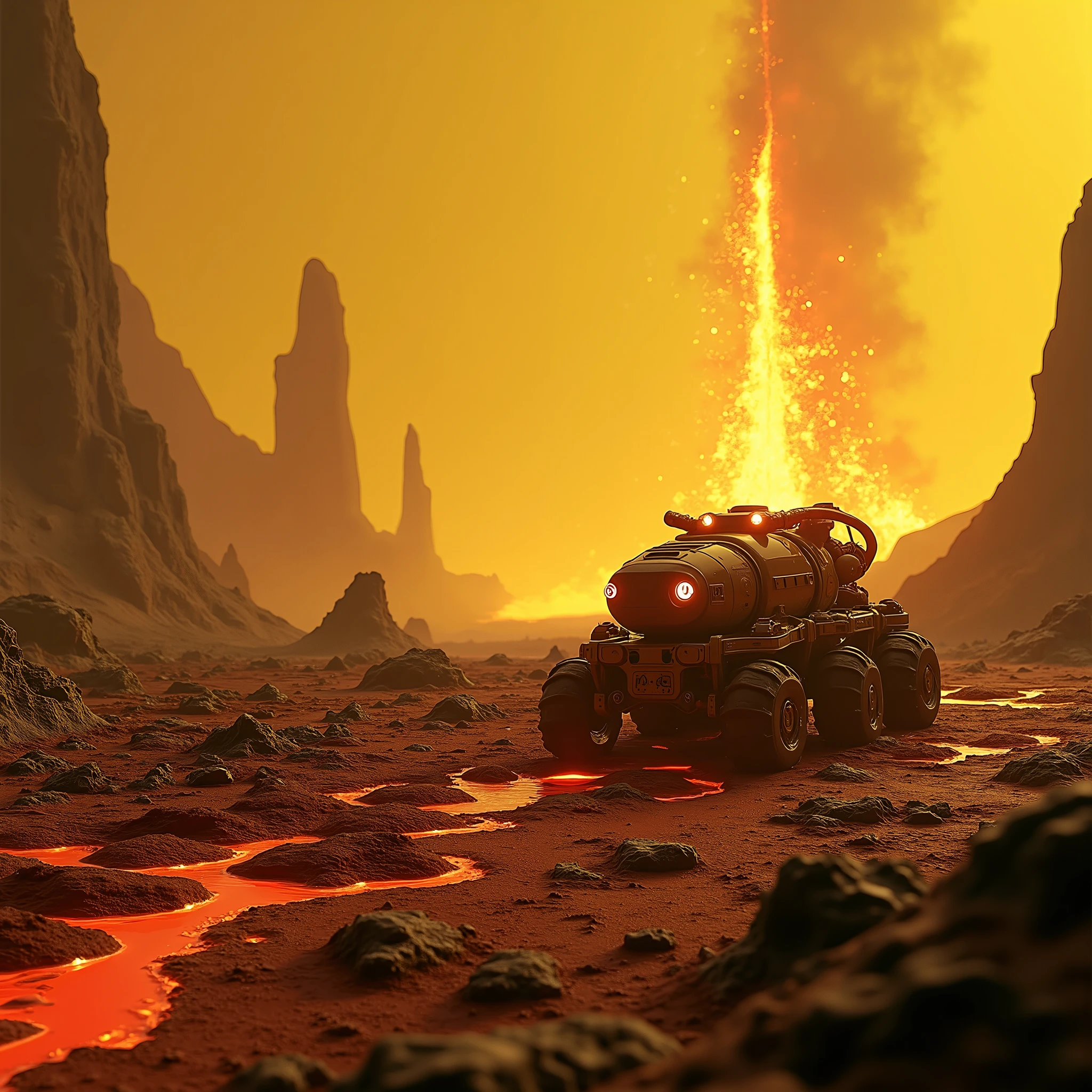  A photograph of volcanic activity on the planet Venus , basaltic lava emissions , traces of frozen lava ,(( photorealism ,UHD, 16k render,HDR color, photorealistic )),Nasa ,  an unusual robotic crawler explorer moves across Venus(planet venus, yellow-green atmosphere ,volcanoes,erosion , basalts , frozen lava , real NASA images ,volcanoes на венере снимает небольшой  роботизированнный исследовательский аппарат , that rides across the surface of Venus , realistic Venus atmosphere ,volcanoes на венере, oromic active volcano on Venus ,