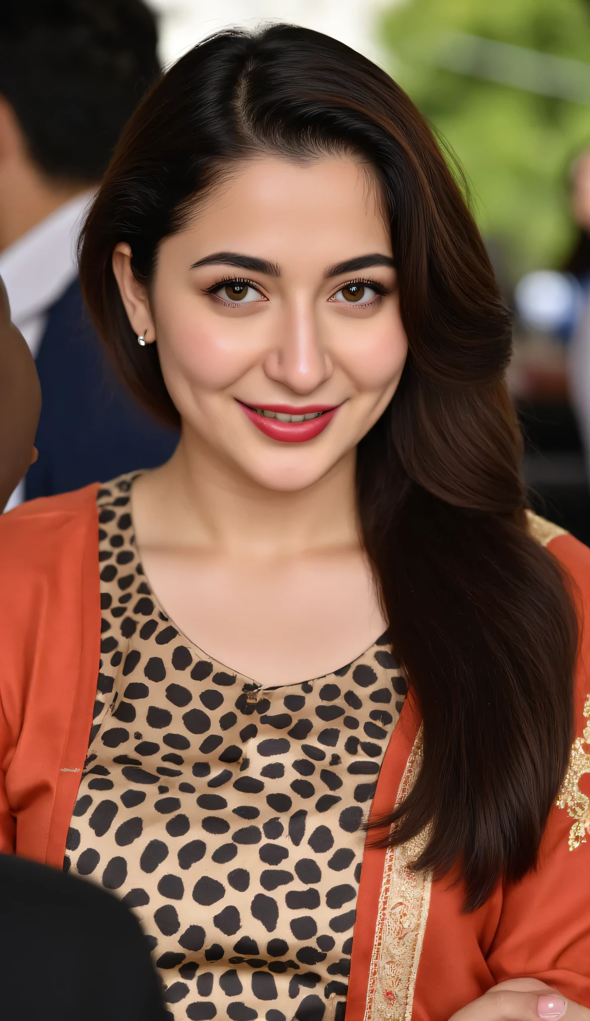 1 girl, alone, solo, busty Pakistani (Hania Amir),(big breasts), Hyperrealism, (smiling with dimples), with intricate details of the iris and lashes,. Her honey-colored eyes contrast with her face, which is accentuated by the red lipstick applied to her slightly parted lips. The overall artwork exudes an air of mystery and charm.detailed and brilliant golden eye with surprising results, in local market, hourly glass figure, crowded bazaar, (Pakistani cheetah print shiny satin plain bridal wear:1.3) tight traditional cheetah wedding silk dress, natural breasts, (skin hugging Pakistani shiny cheetah bridal top), milky skin, (round deep neck dress), pale skin, (plain shirt:1.4), soft shadows ,(dimples:1.3) SkinDetail ,snap by greg rutkowski, ()