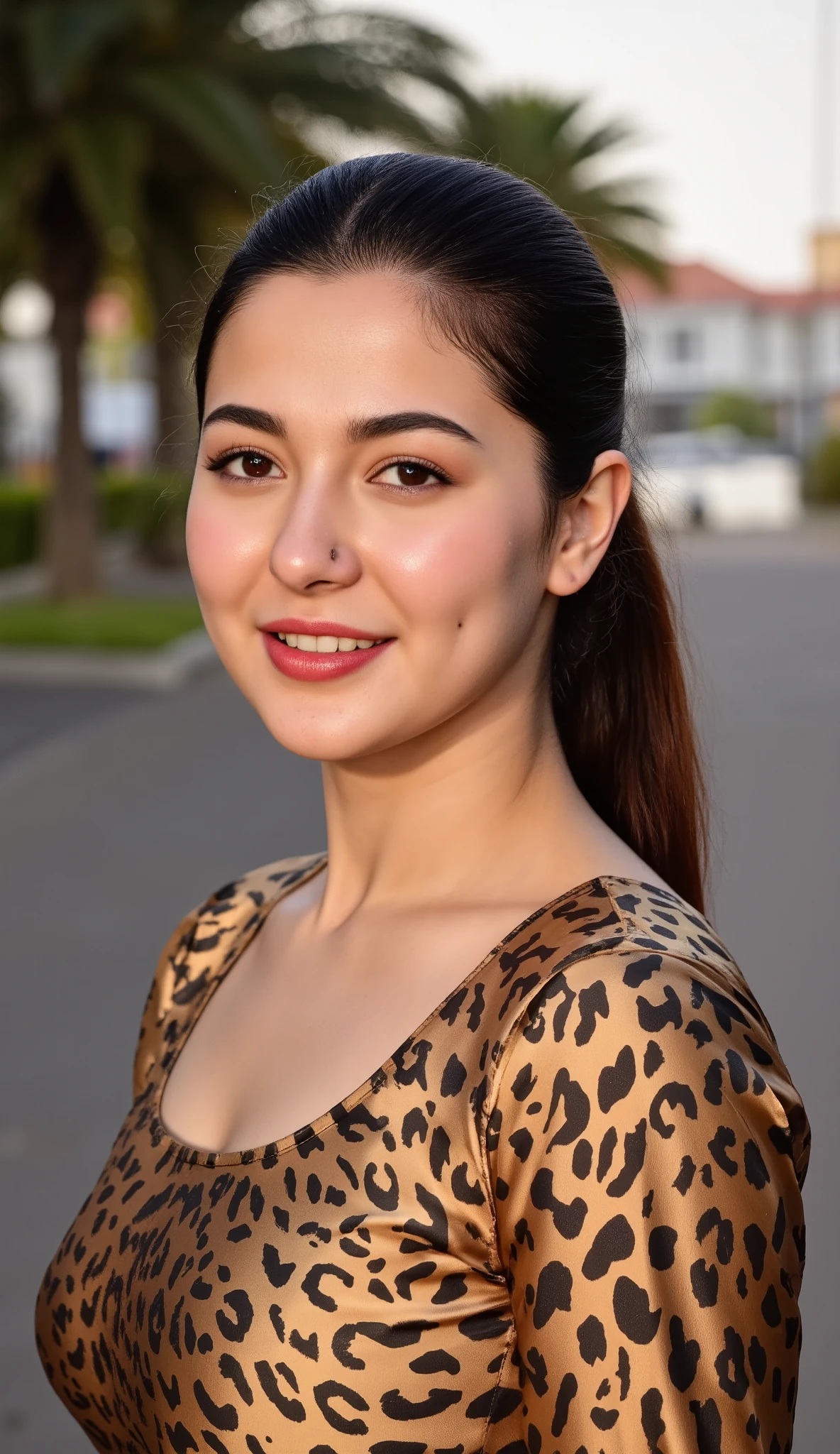 1 girl, alone, solo, busty Pakistani (Hania Amir),(big breasts), Hyperrealism, (smiling with dimples), with intricate details of the iris and lashes,. Her honey-colored eyes contrast with her face, which is accentuated by the red lipstick applied to her slightly parted lips. The overall artwork exudes an air of mystery and charm.detailed and brilliant golden eye with surprising results, in local market, hourly glass figure, crowded bazaar, (Pakistani cheetah print shiny satin plain bridal wear:1.3) tight traditional cheetah wedding silk dress, natural breasts, (skin hugging Pakistani shiny cheetah bridal top), milky skin, (round deep neck dress), pale skin, (plain shirt:1.4), soft shadows ,(dimples:1.3) SkinDetail ,snap by greg rutkowski, ()