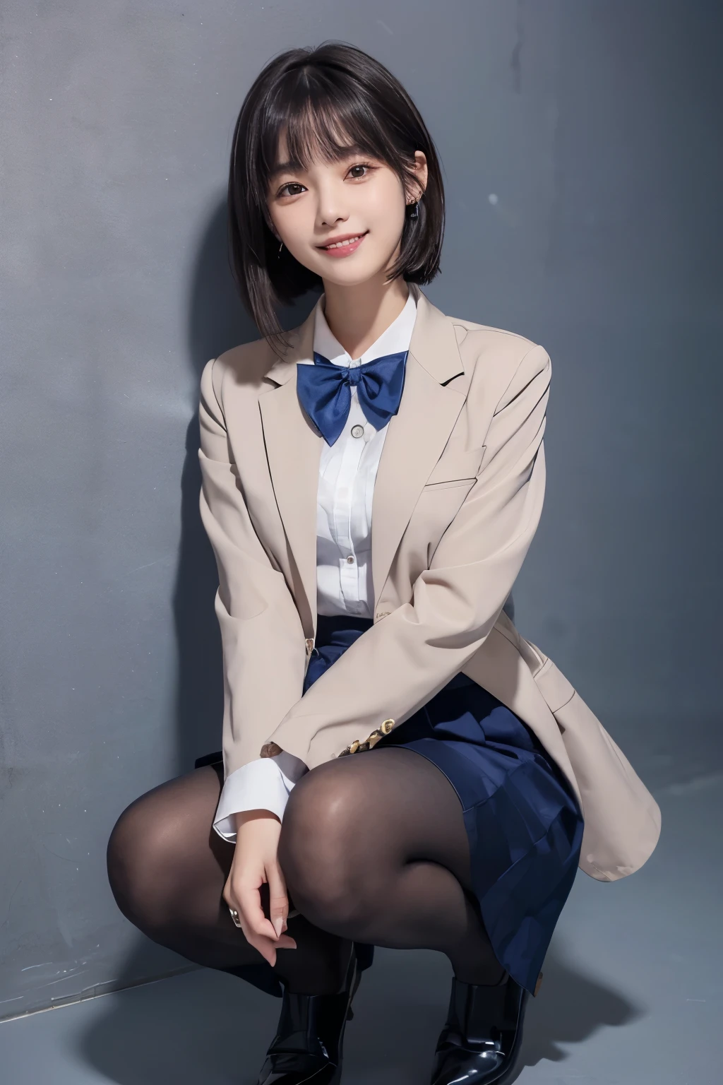  Max Image、HDR、Navy Blue Blazer、((Long tight skirt that hides the knee in plain navy blue ))、White blouse、((navy blue plain large bow tie))、((( black pantyhose)))、(( Black Loafers ))、((A full-body photo of a crouching figure showing all the way to the feet))、Cute high school girls、Height: 160cm、 smile like an idol 、 smiling and smiling、 Professional Lighting、((The background is a plain wall in a photo studio ))、(( Max Image)),((Beautiful double eyelids ))、（ long lashes）、((( The blazer and skirt are the same dark blue and the material is the same)))、((Dark brown, glossy hair ))、((Model Face Change ))、(( Ribbon Design Change))、((No handkerchief))、((silver cherry pin badge on collar))、 very short hair、((silver cherry pin badge on collar))、D Cup、(( Best Smile ))、As cute as a popular idol、((The jacket and skirt are the same color))