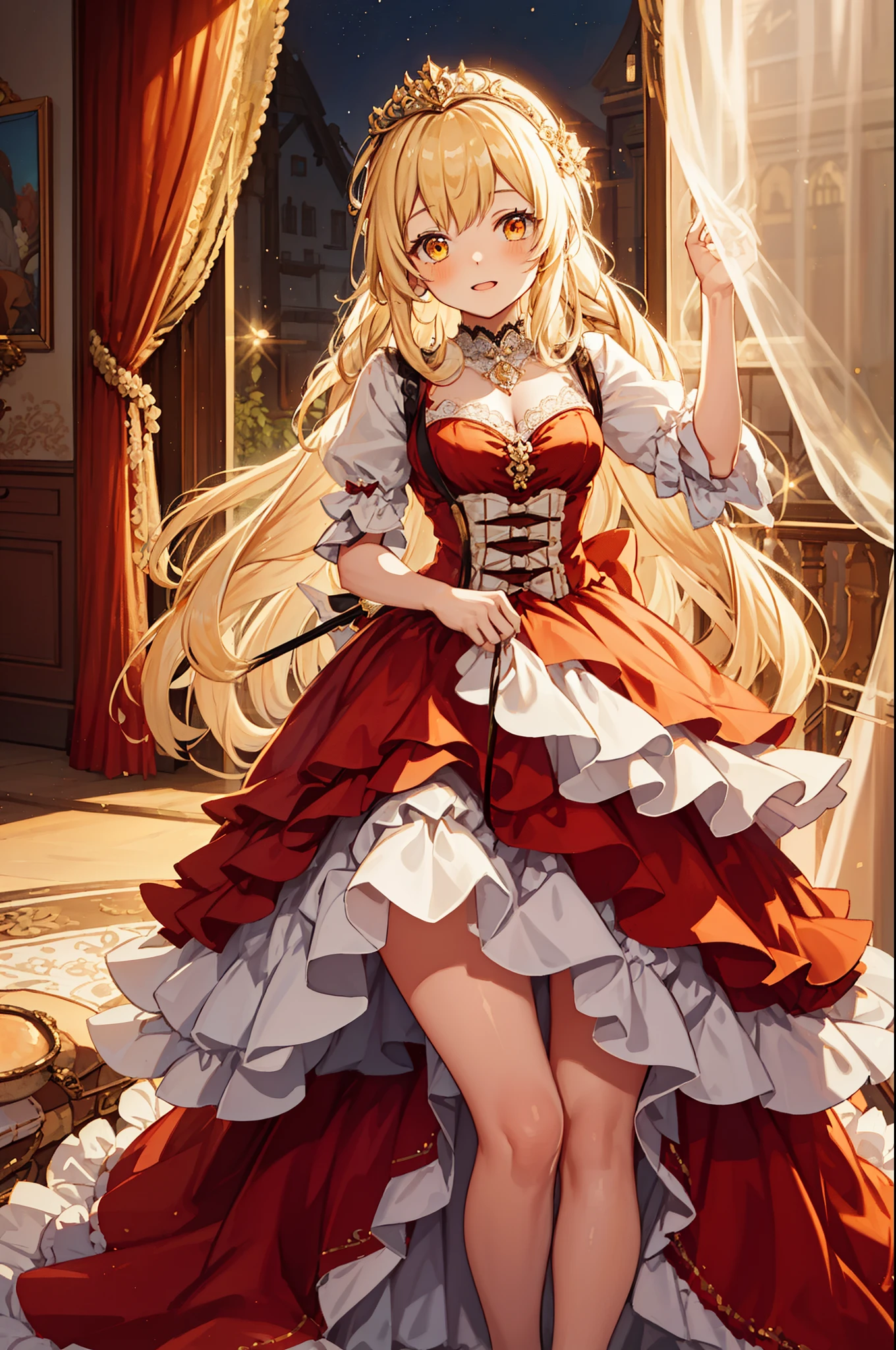 Teenage Girl， charming，gorgeous，In Love ，sacred，( Yellow and White Princess Skirt :1.3)，blond，klee， red eyes， Minimalism ， Multi-layer exquisite ruffles ，Lots of Lace，( Lines on clothes :1.2)，( Exquisite clothing :1.1)，(Multi-layer Skirt ),Princess Crown， Perspective tulle garment ， Beautiful detailed face ， Bedroom scene in Western mythology， movie lights ，night，Single， Metallic Decoration ，lace,(shine:1.2), ( Best Quality ), (masterpiece:1.2)