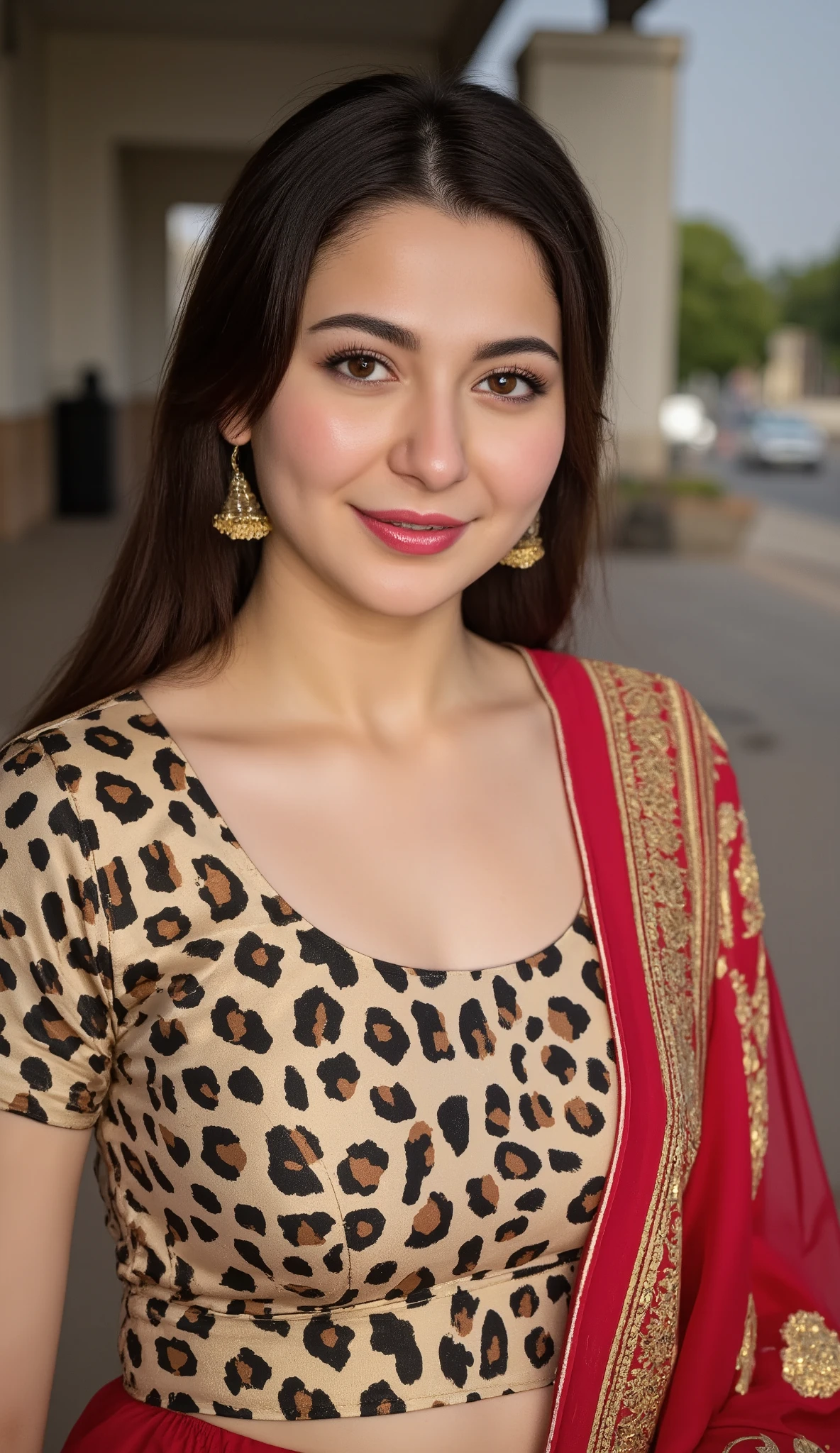 1 girl, alone, solo, busty Pakistani (Hania Amir),(big breasts), Hyperrealism, (smiling with dimples), with intricate details of the iris and lashes,. Her honey-colored eyes contrast with her face, which is accentuated by the red lipstick applied to her slightly parted lips. The overall artwork exudes an air of mystery and charm.detailed and brilliant golden eye with surprising results, in local market, hourly glass figure, crowded bazaar, (Pakistani cheetah print shiny satin plain bridal wear:1.3) tight traditional cheetah wedding silk dress, natural breasts, (skin hugging Pakistani shiny cheetah bridal top), milky skin, (round deep neck dress), pale skin, (plain shirt:1.4), soft shadows ,(dimples:1.3) SkinDetail ,snap by greg rutkowski, ()